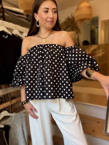 Top Bardot - Noir  pois